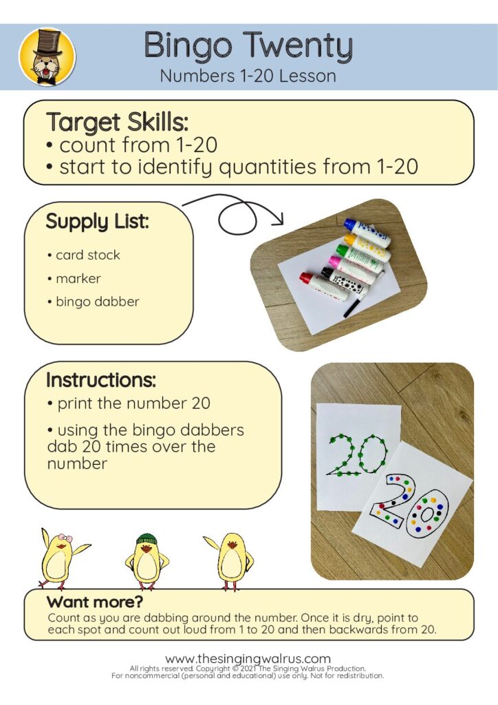 1-20 Lesson bingo twenty