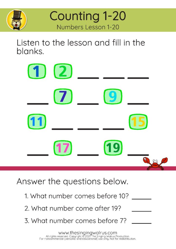 1-20 Lesson fill in the blank 